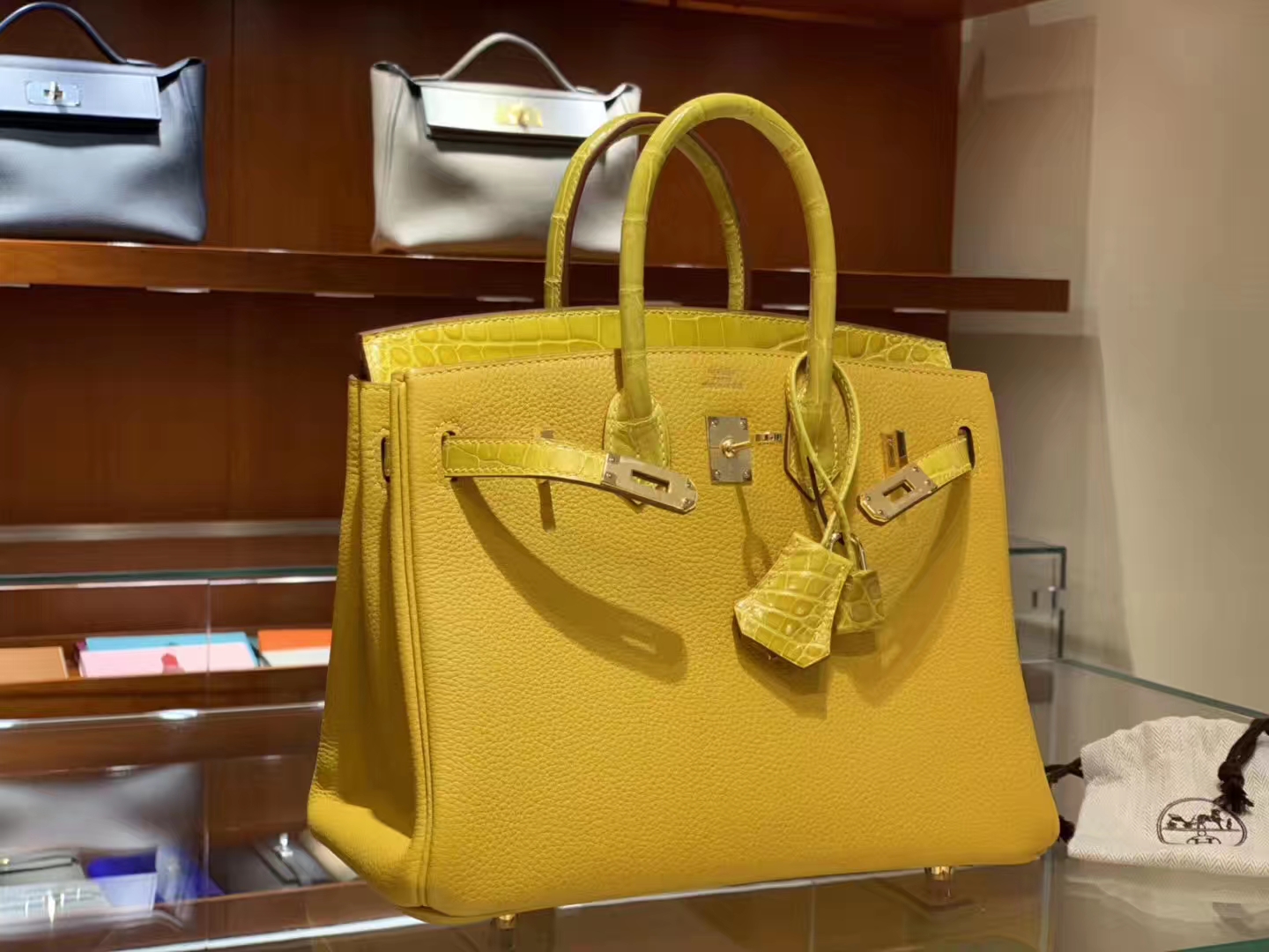 HERMES 爱马仕 Birkin 25 Togo/Croco 拼鳄鱼琥珀黄 完美的搭配