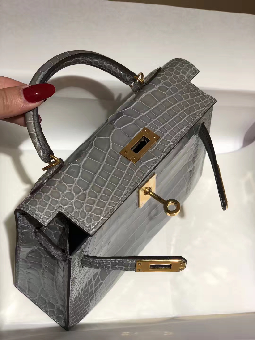 HERMES mini kelly二代 高光鳄鱼皮 锡器灰 现货