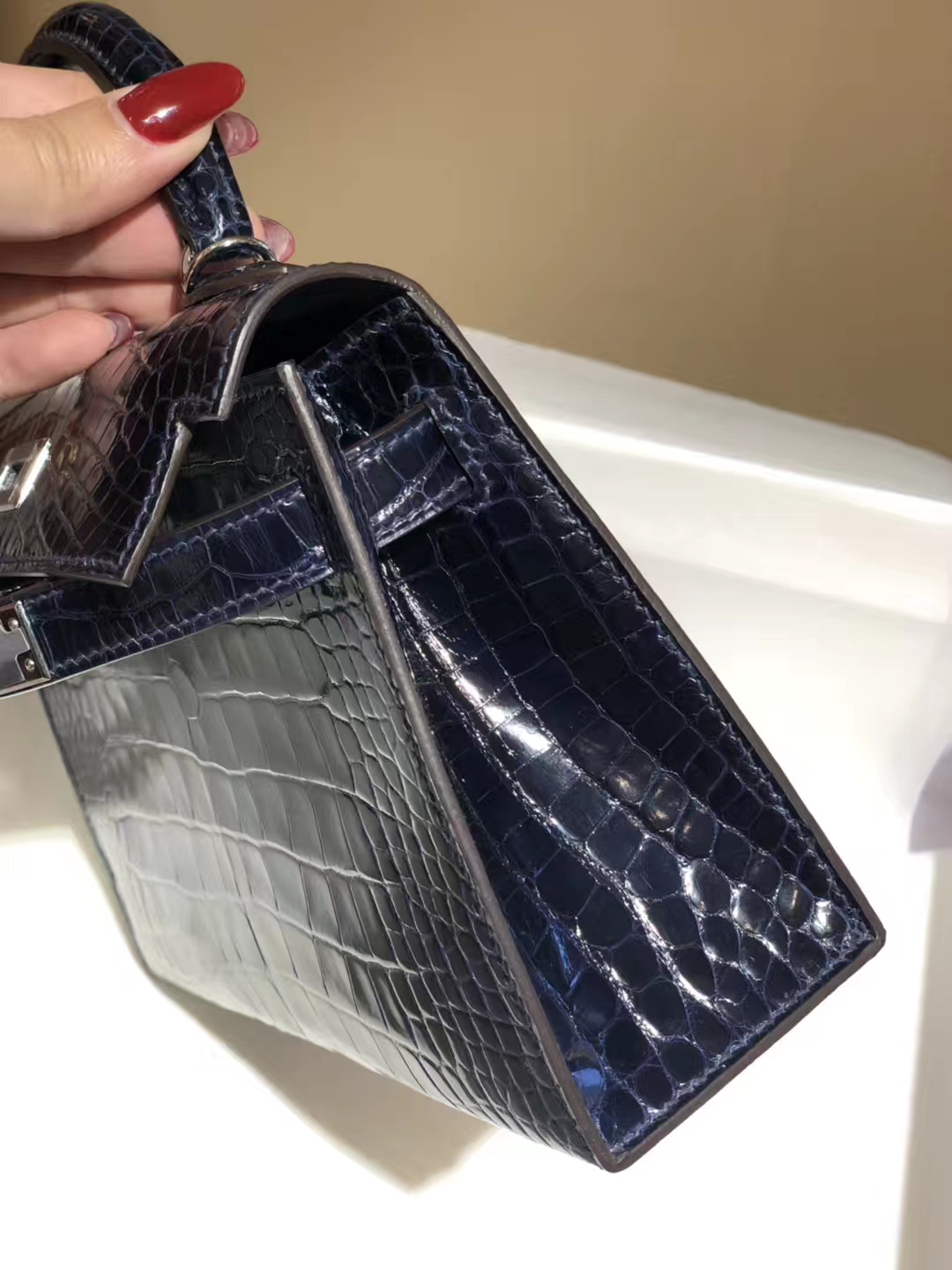 HERMES mini kelly二代 高光鳄鱼皮 午夜蓝 现货