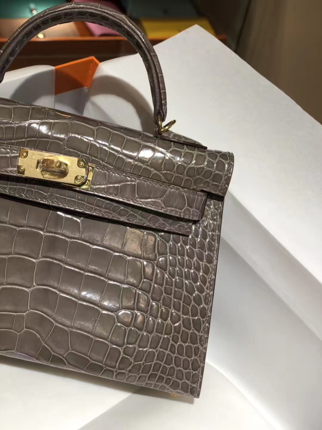 HERMES mini kelly二代 高光鳄鱼皮 大象灰 现货