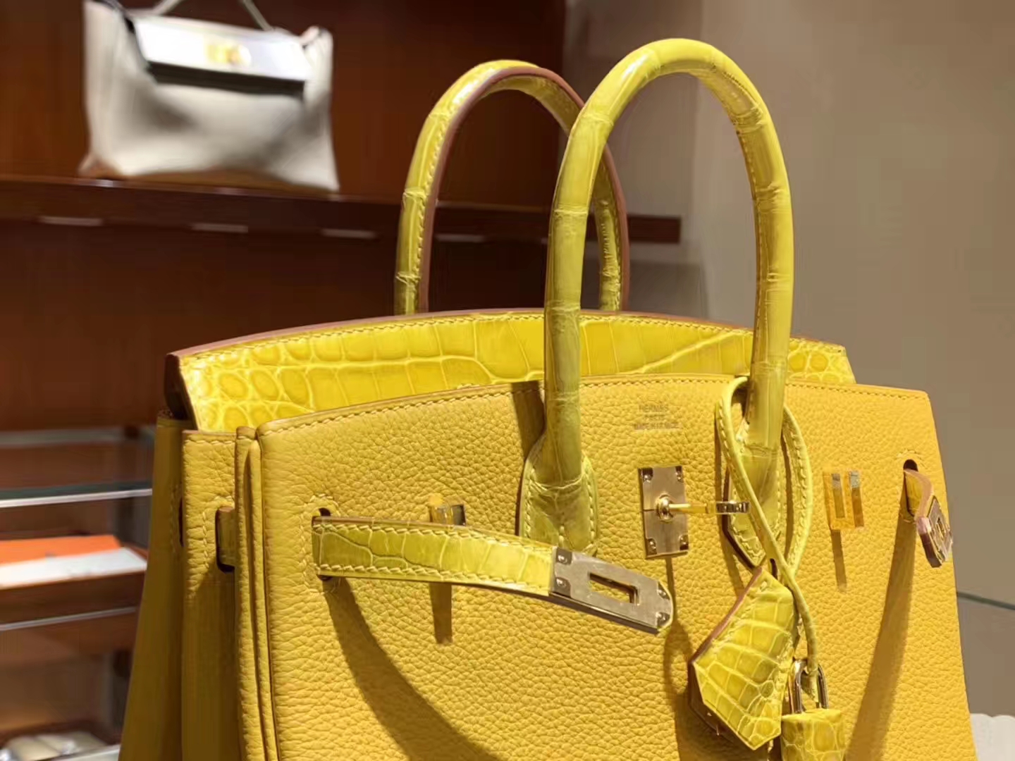 HERMES 爱马仕 Birkin 25 Togo/Croco 拼鳄鱼琥珀黄 完美的搭配