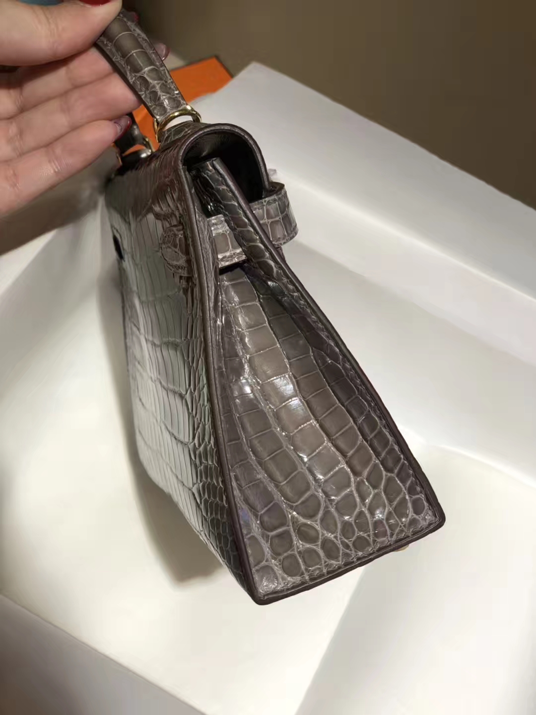 HERMES mini kelly二代 高光鳄鱼皮 大象灰 现货