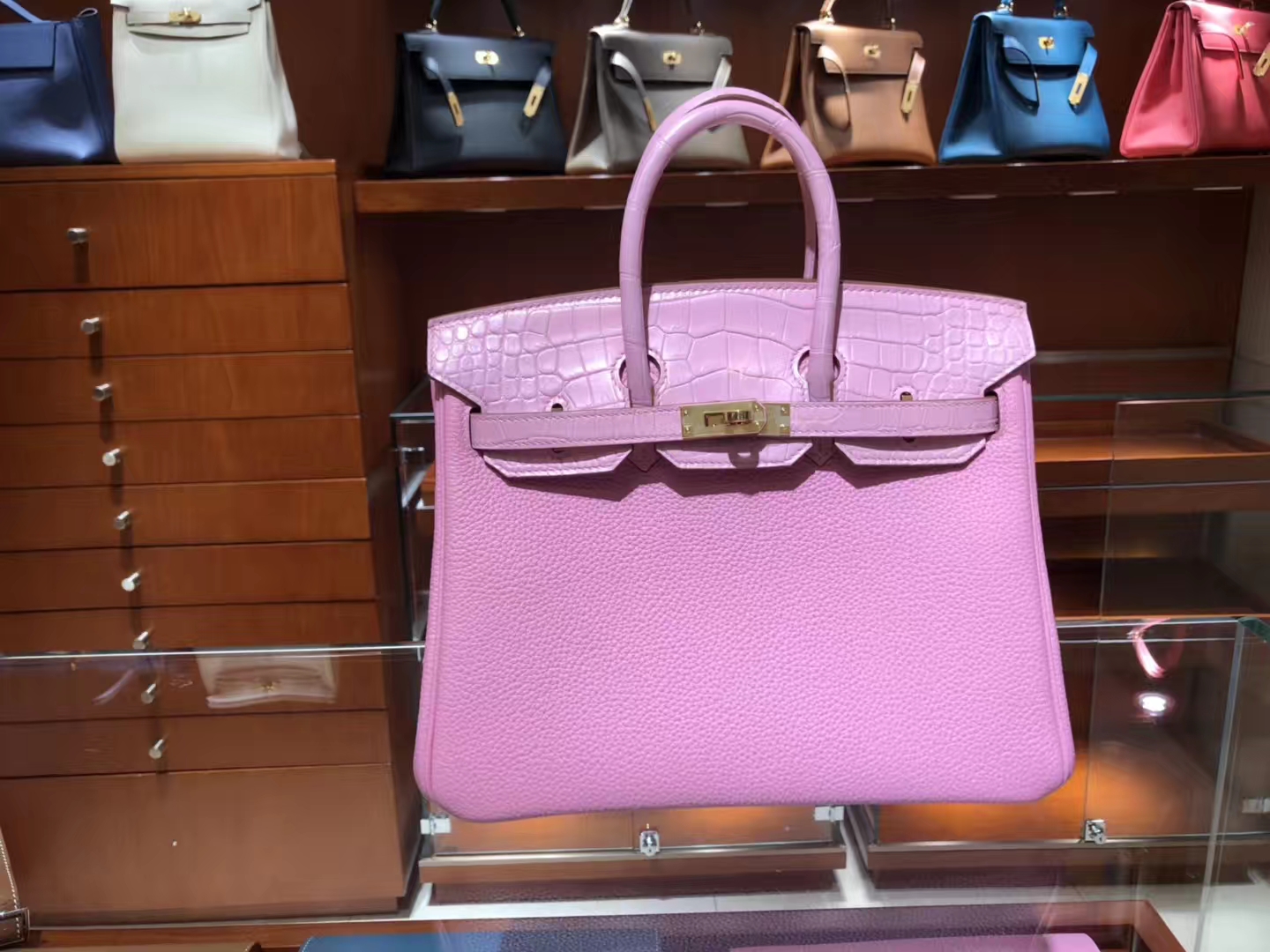 HERMES 爱马仕 Birkin 25 Togo/Croco 拼鳄鱼 樱花粉 完美的搭配
