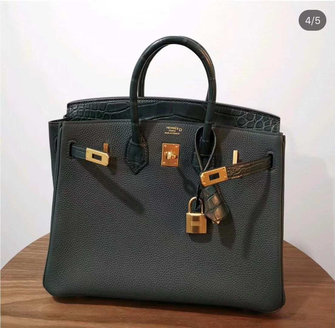 HERMES 爱马仕 Birkin 铂金包 Togo/Croco 拼鳄鱼 松石绿 完美的搭配