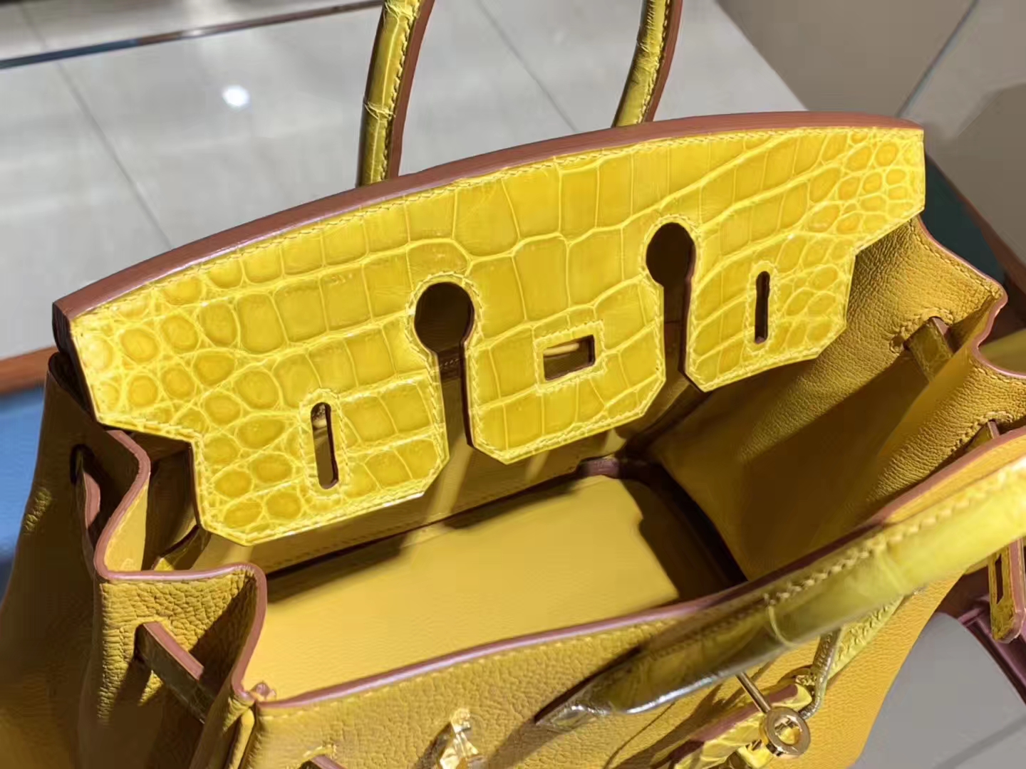 HERMES 爱马仕 Birkin 25 Togo/Croco 拼鳄鱼琥珀黄 完美的搭配
