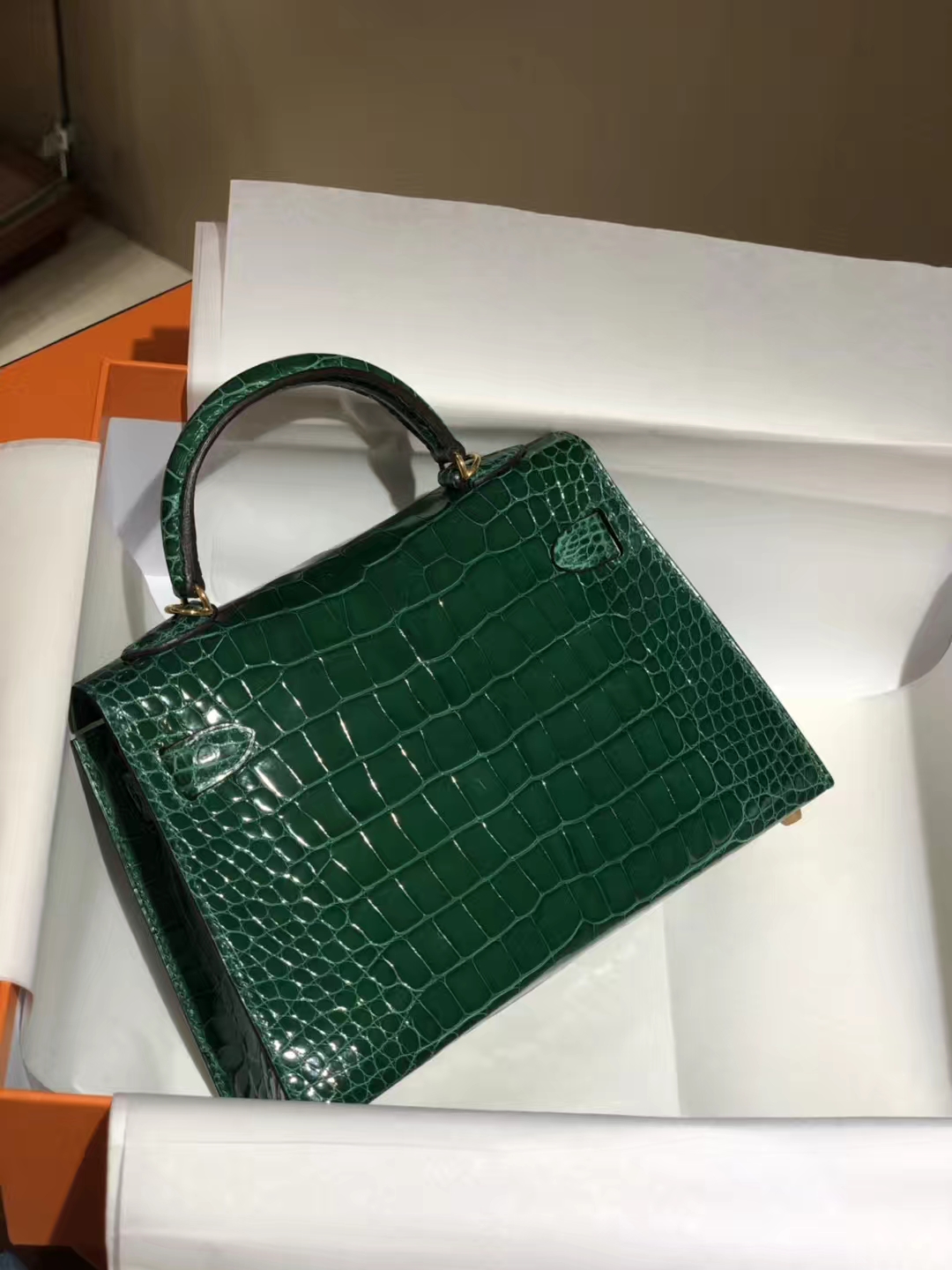 HERMES mini kelly二代 高光鳄鱼皮 祖母绿 现货