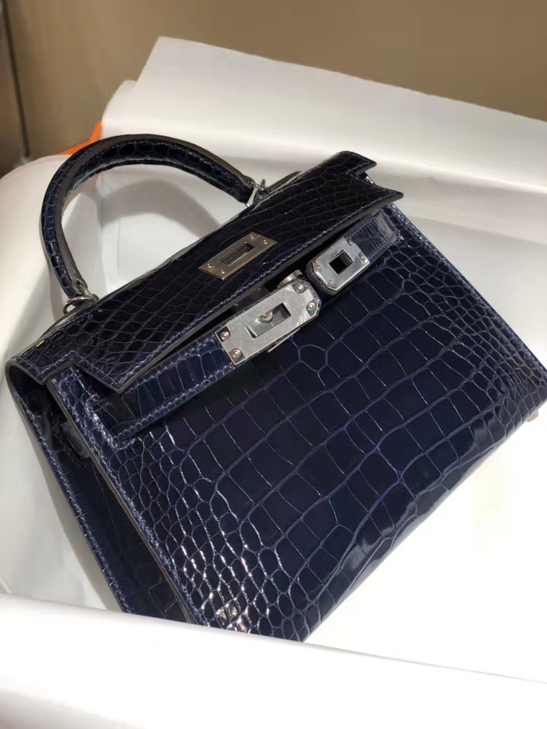 HERMES mini kelly二代 高光鳄鱼皮 午夜蓝 现货