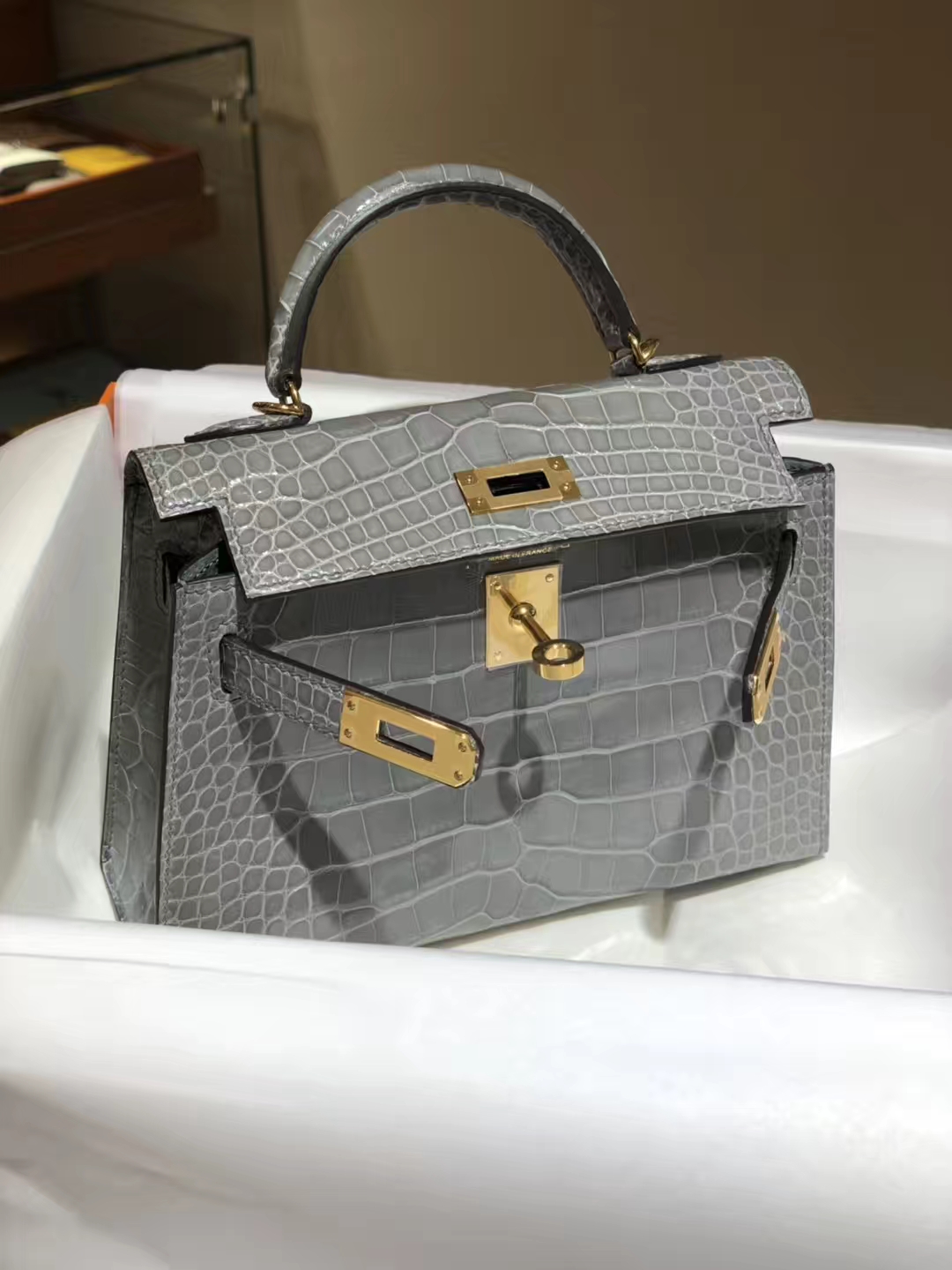 HERMES mini kelly二代 高光鳄鱼皮 锡器灰 现货