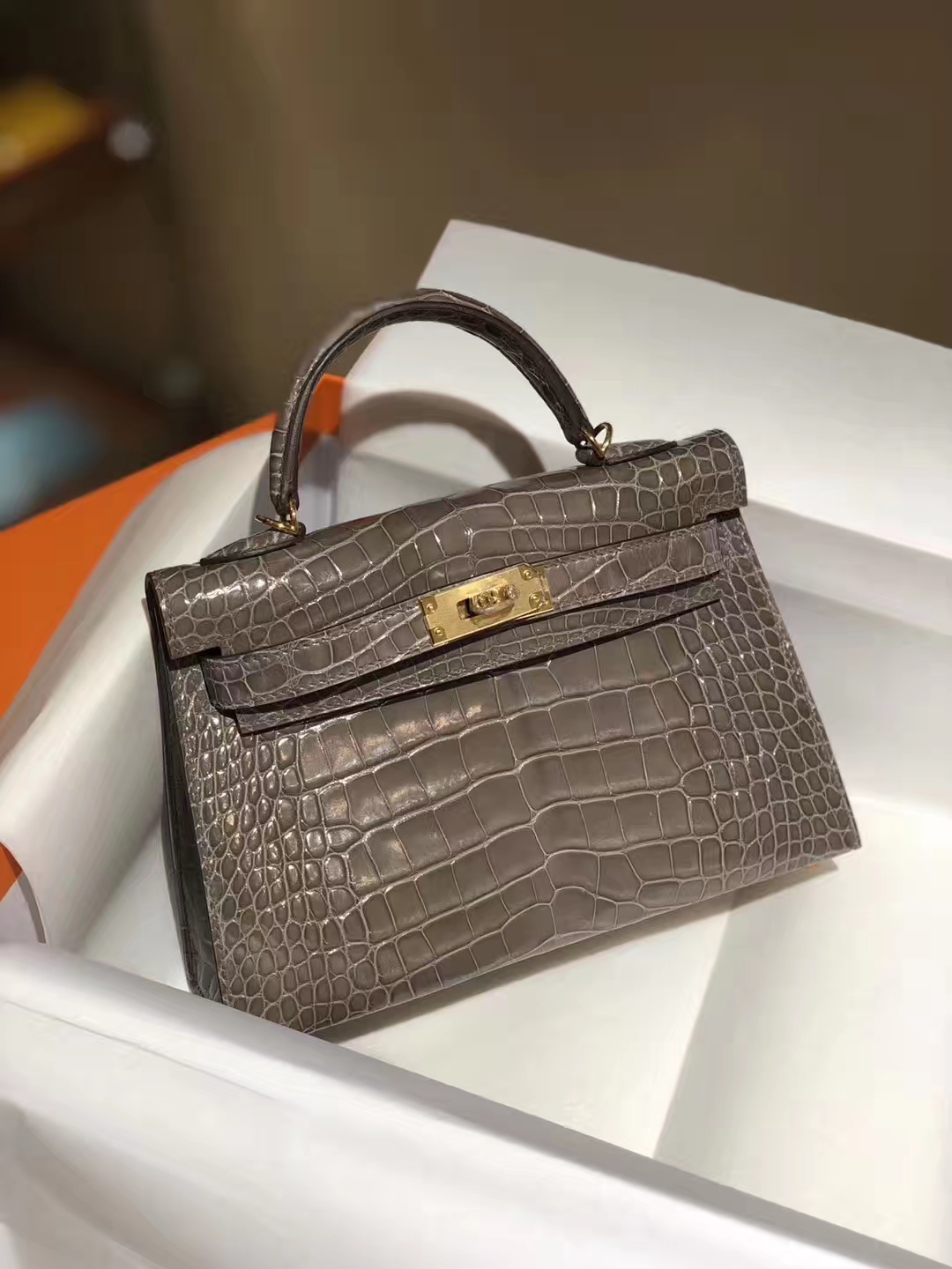 HERMES mini kelly二代 高光鳄鱼皮 大象灰 现货