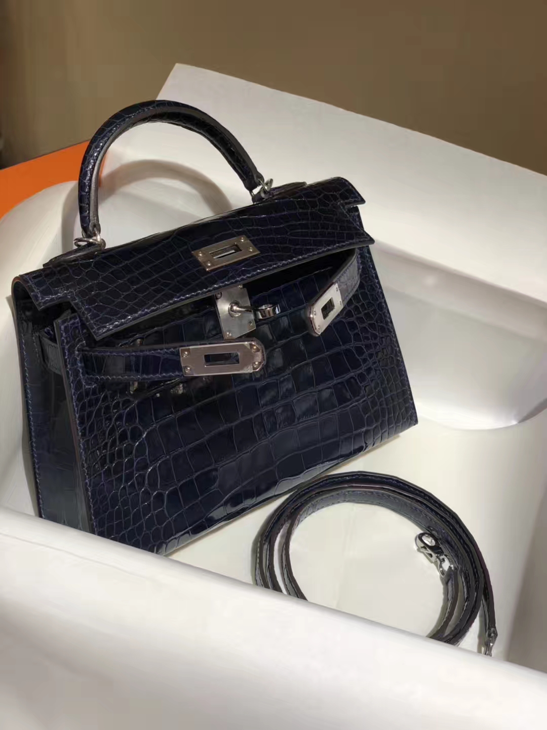 HERMES mini kelly二代 高光鳄鱼皮 午夜蓝 现货