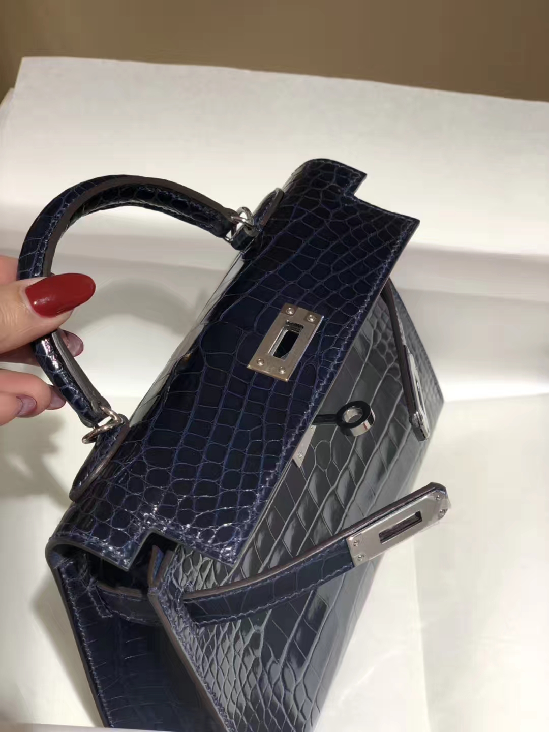 HERMES mini kelly二代 高光鳄鱼皮 午夜蓝 现货