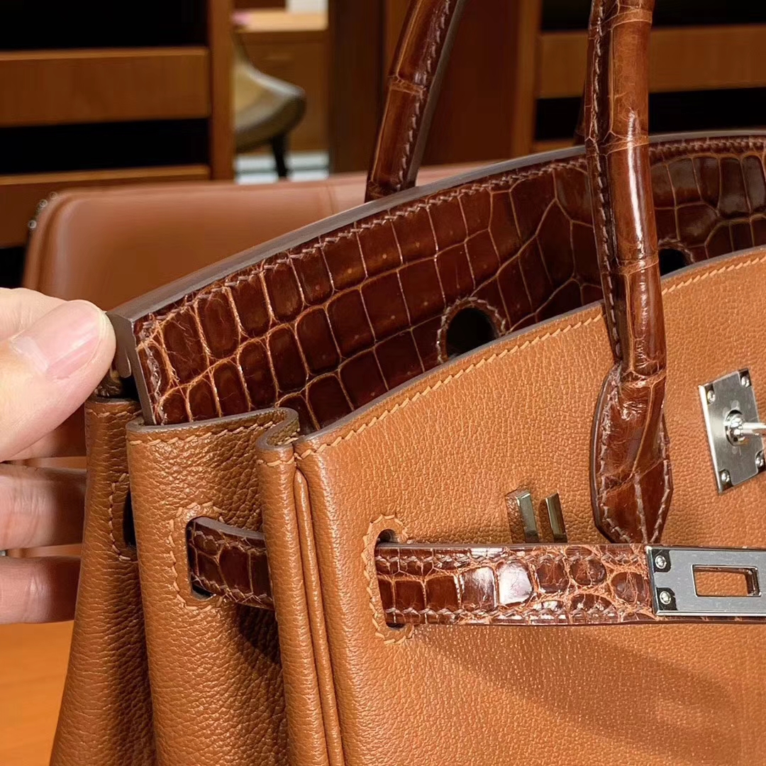 HERMES 爱马仕 Birkin 25/30 Togo 拼鳄鱼皮 金棕色 配专柜全套包装