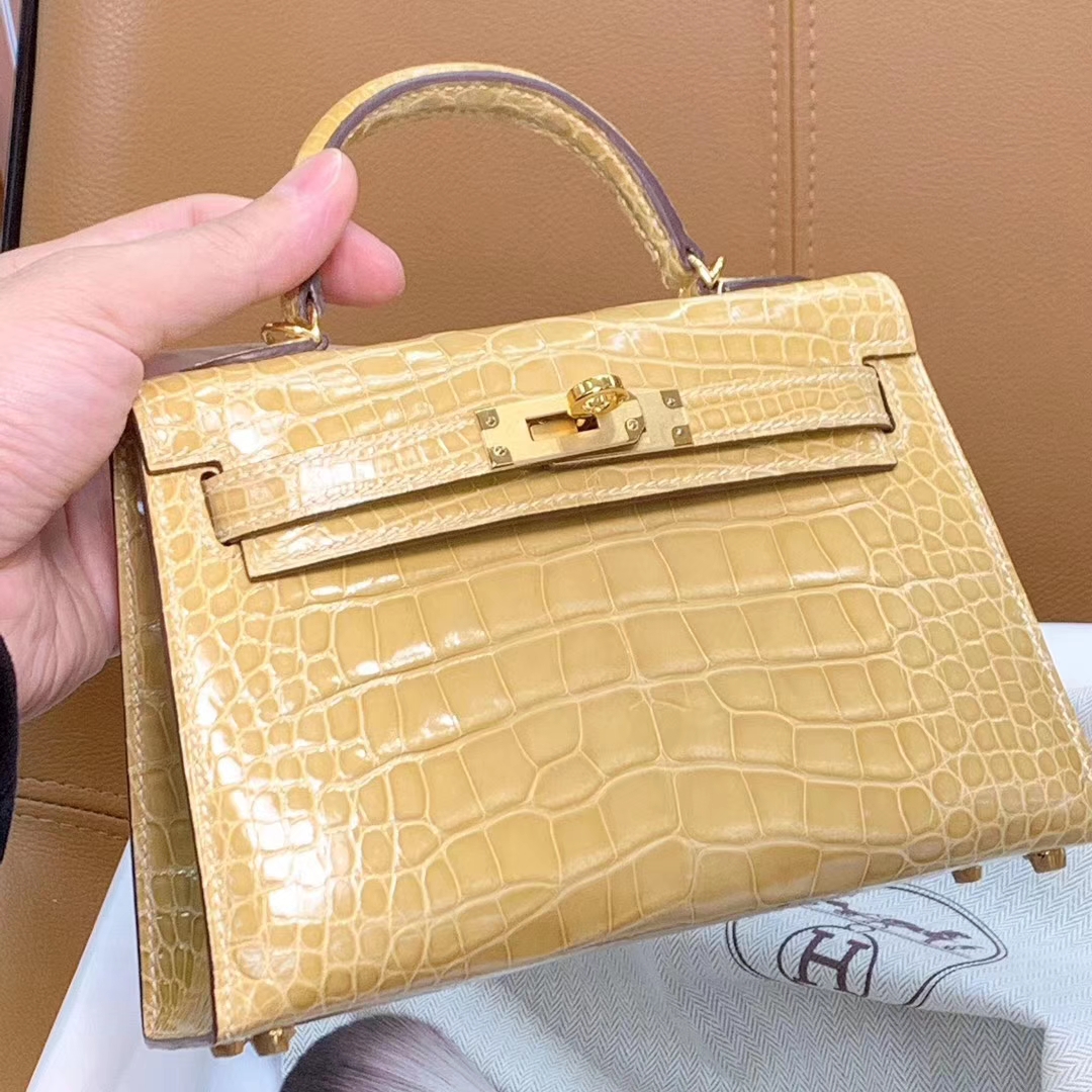 HERMES mini kelly二代 进口原厂鳄鱼皮 现货 琥珀黄