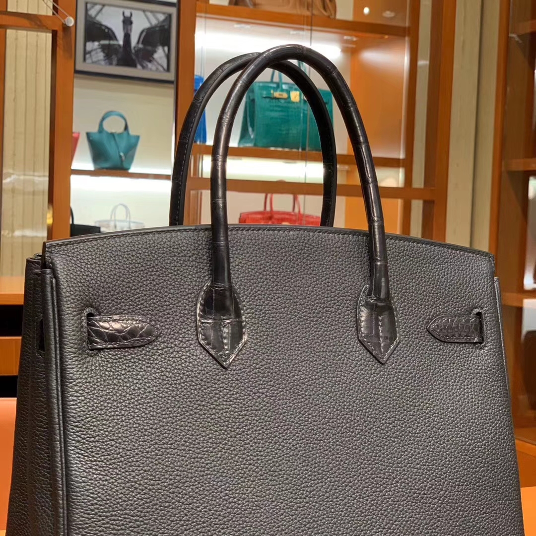 HERMES 爱马仕 Birkin 25/30 Togo 拼鳄鱼皮 黑色 配专柜全套包装