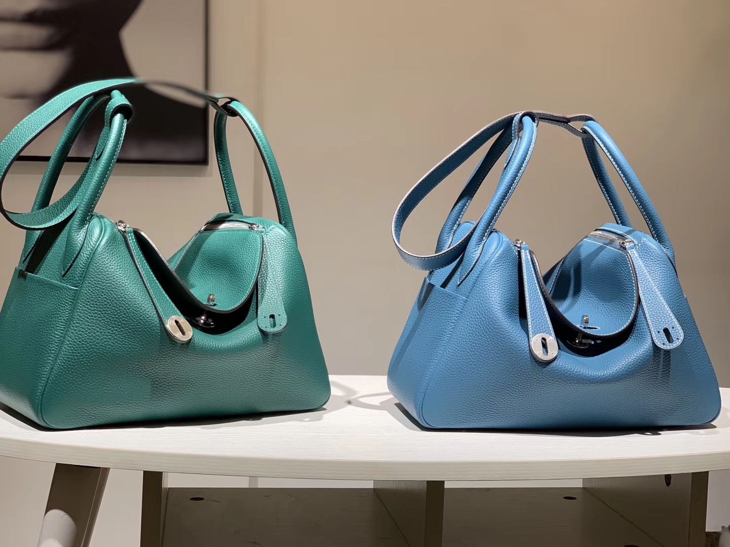 HERMES 爱马仕 lindy 26/30cm 纯手工 竹子绿 亚麻蓝