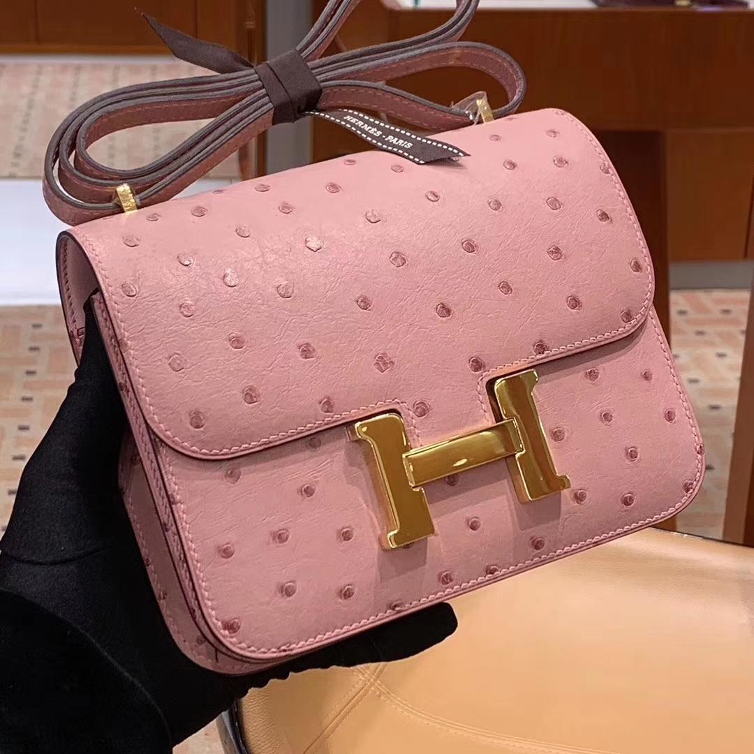 HERMES Constance 19CM 24CM 鸵鸟皮 现货 粉色