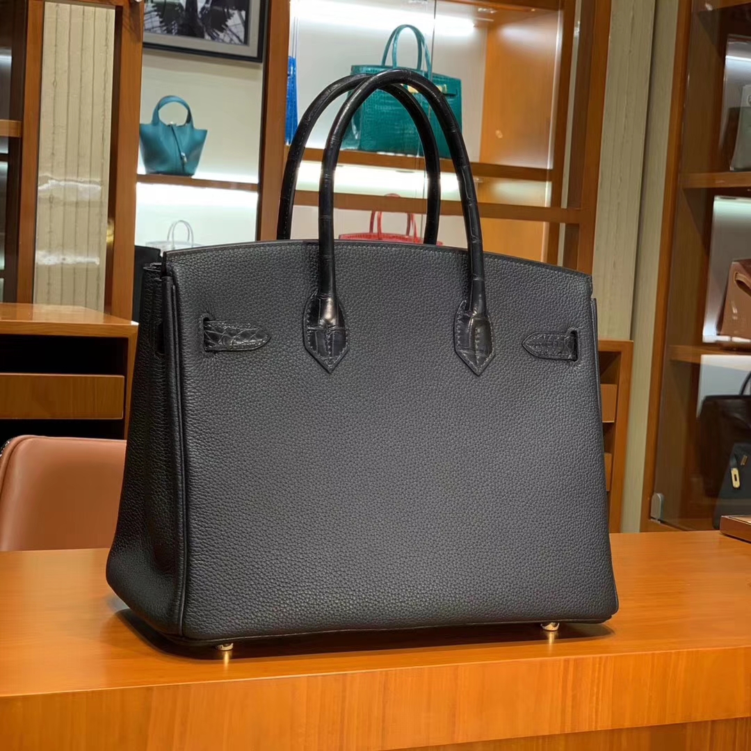 HERMES 爱马仕 Birkin 25/30 Togo 拼鳄鱼皮 黑色 配专柜全套包装