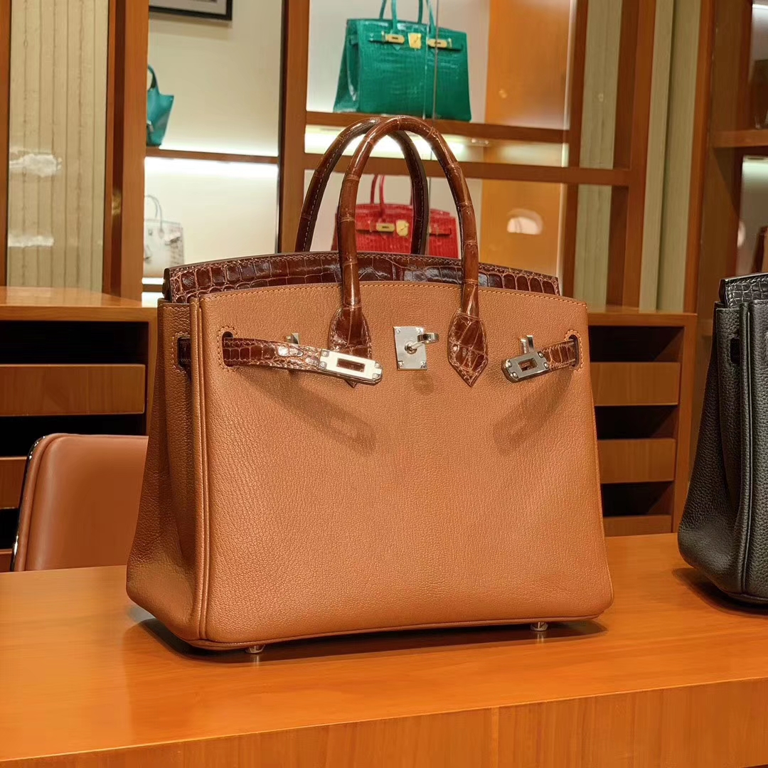 HERMES 爱马仕 Birkin 25/30 Togo 拼鳄鱼皮 金棕色 配专柜全套包装