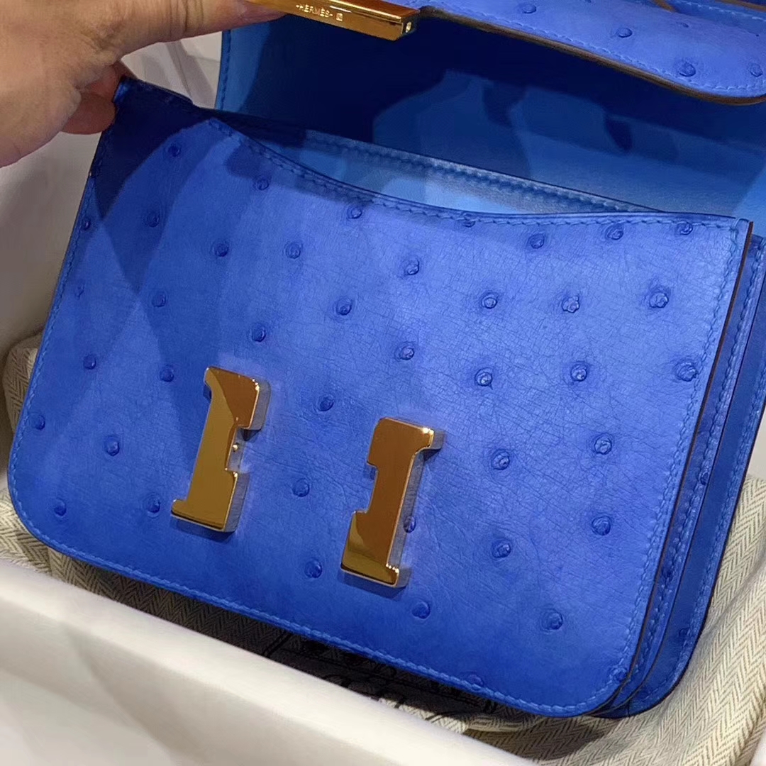 HERMES Constance 19CM 24CM 鸵鸟皮 现货 电光蓝