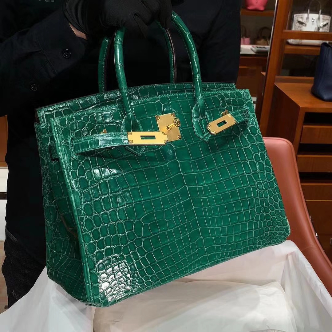 HERMES 爱马仕 铂金包 Birkin 原厂鳄鱼 纯手工 祖母绿 金扣 配专柜全套包装