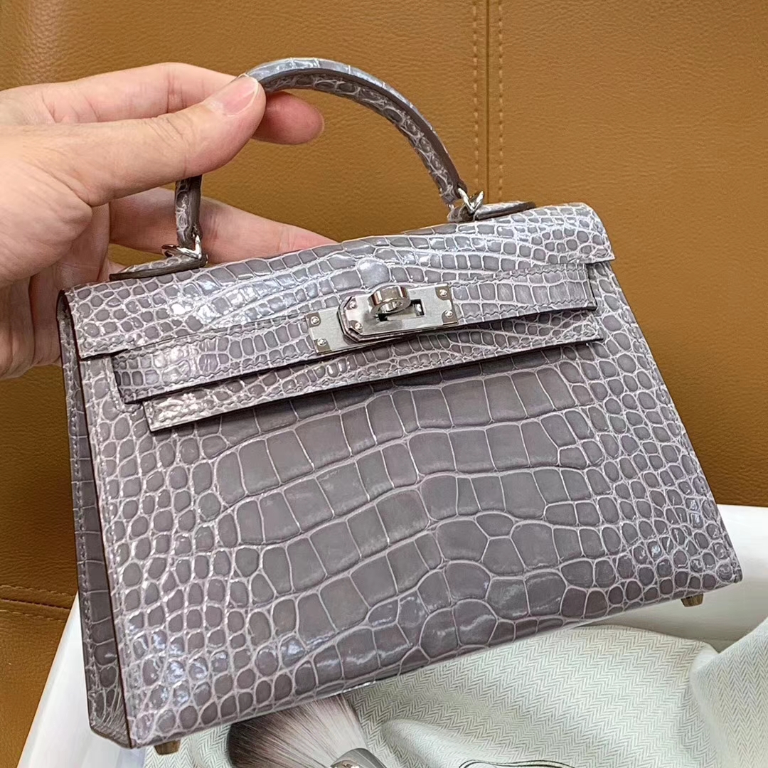 HERMES mini kelly二代 进口原厂鳄鱼皮 现货 沥青灰