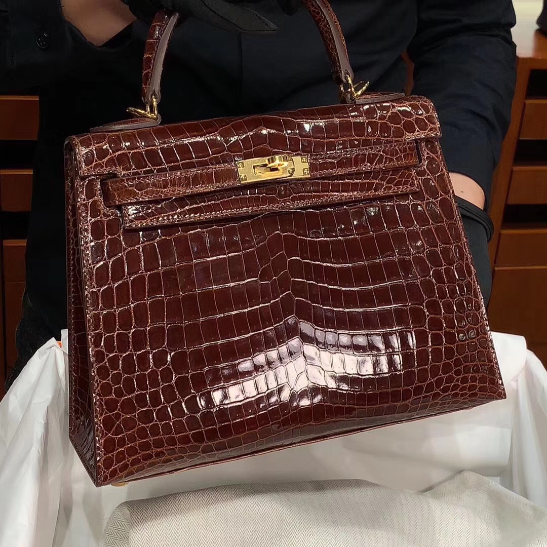 HERMES 爱马仕 凯莉包 Kelly 原厂鳄鱼 纯手工 波尔多酒红 金扣 配专柜全套包装