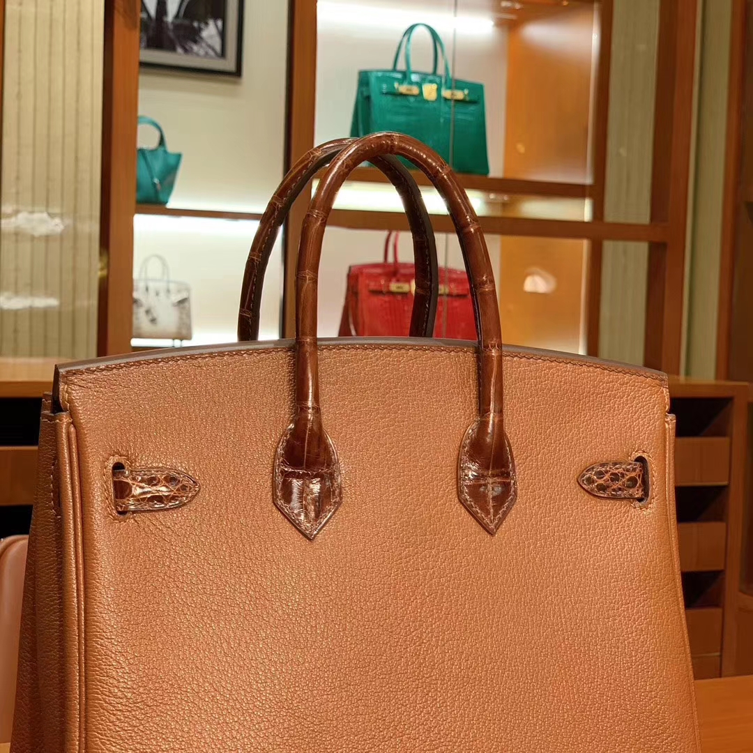 HERMES 爱马仕 Birkin 25/30 Togo 拼鳄鱼皮 金棕色 配专柜全套包装