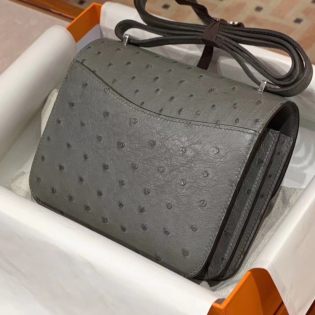 HERMES Constance 19CM 24CM 鸵鸟皮 现货 锡器灰