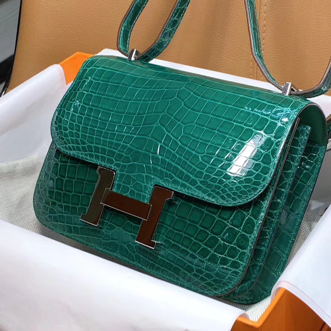 爱马仕 HERMES 空姐包 Constanc 19/23cm 祖母绿 鳄鱼皮 配全套专柜原包装