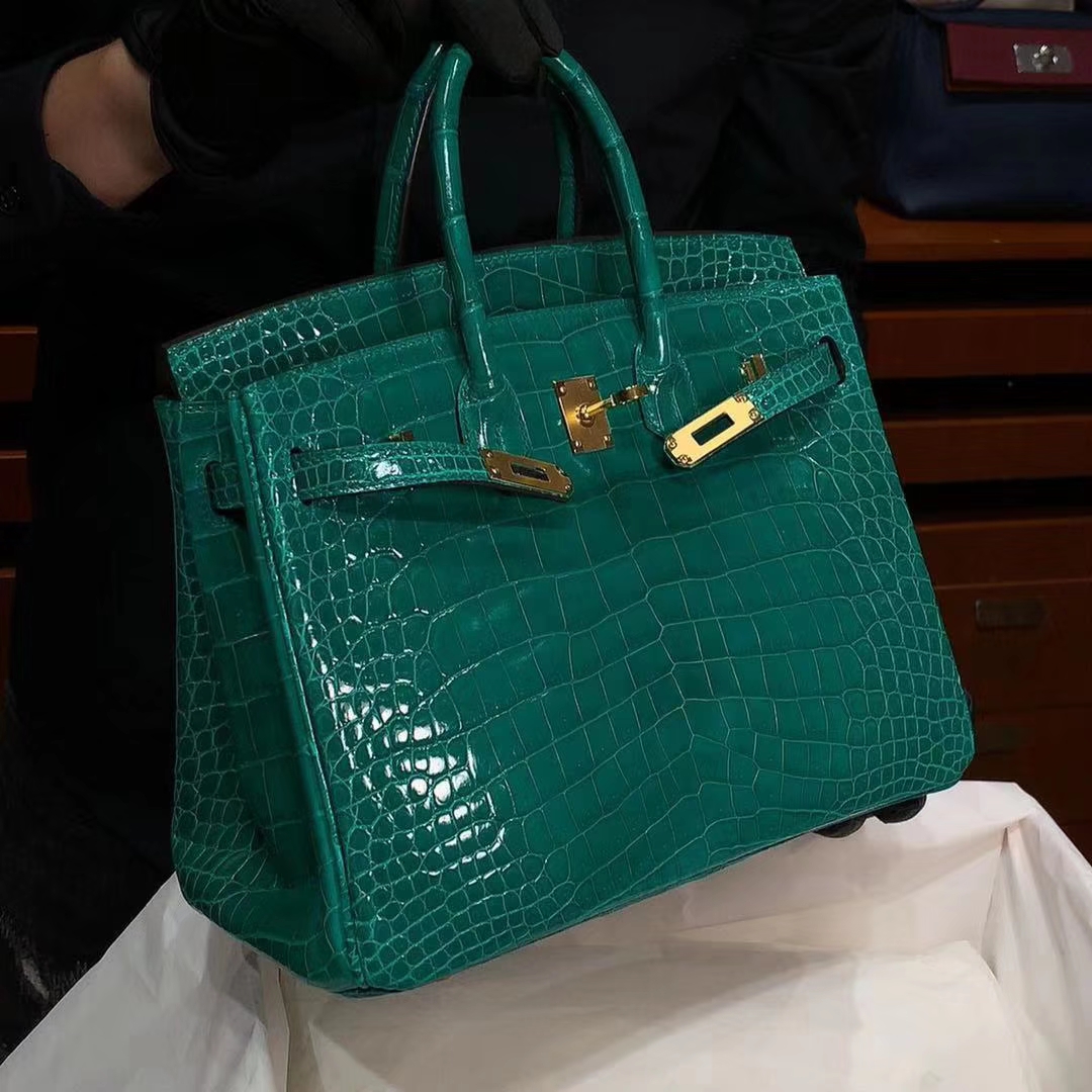 HERMES 爱马仕 铂金包 Birkin 原厂鳄鱼 纯手工 翡翠绿 金扣 配专柜全套包装
