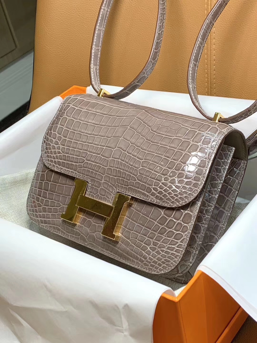 爱马仕 HERMES 空姐包 Constanc 19/23cm 大象灰 鳄鱼皮 配全套专柜原包装