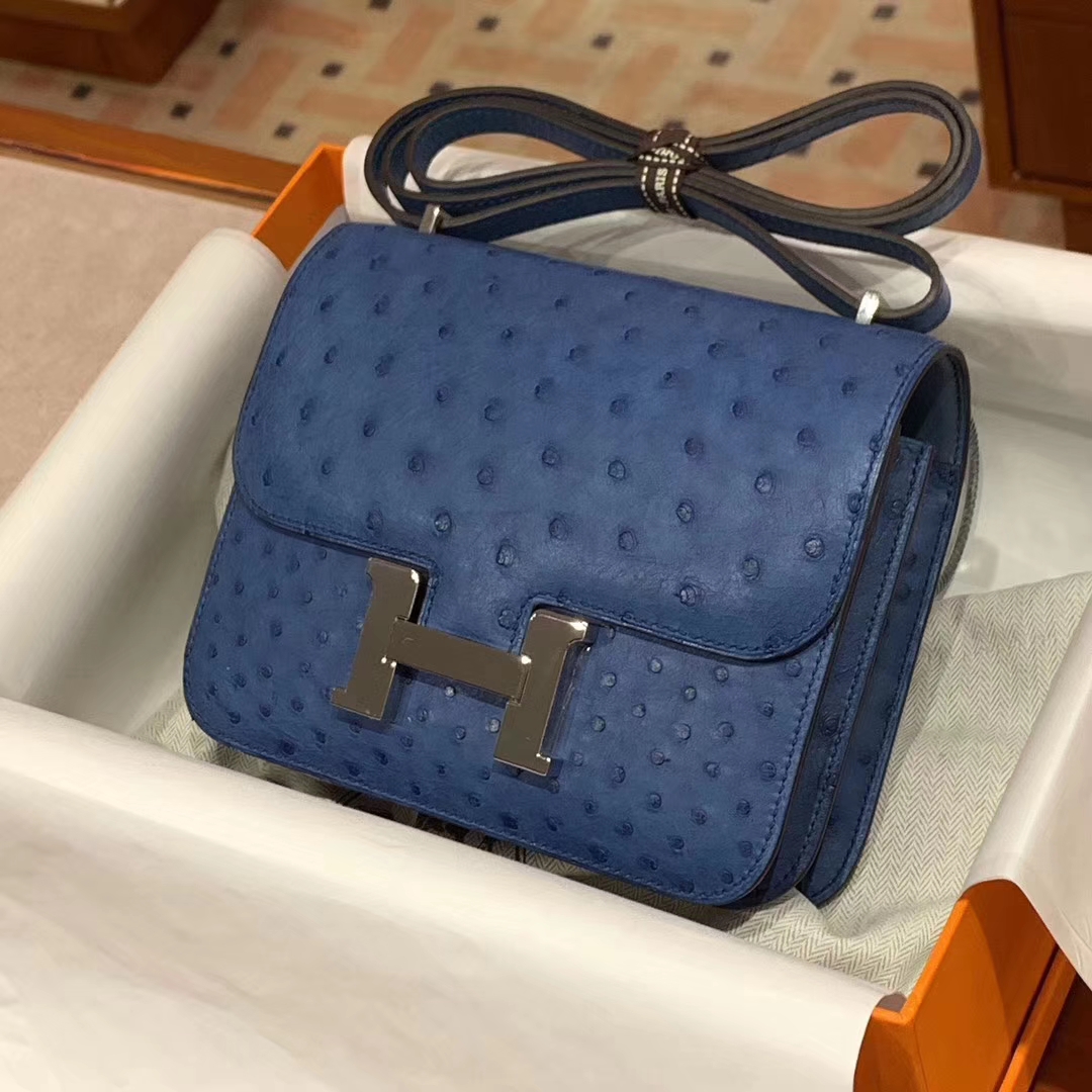 HERMES Constance 19CM 24CM 鸵鸟皮 现货 风暴蓝