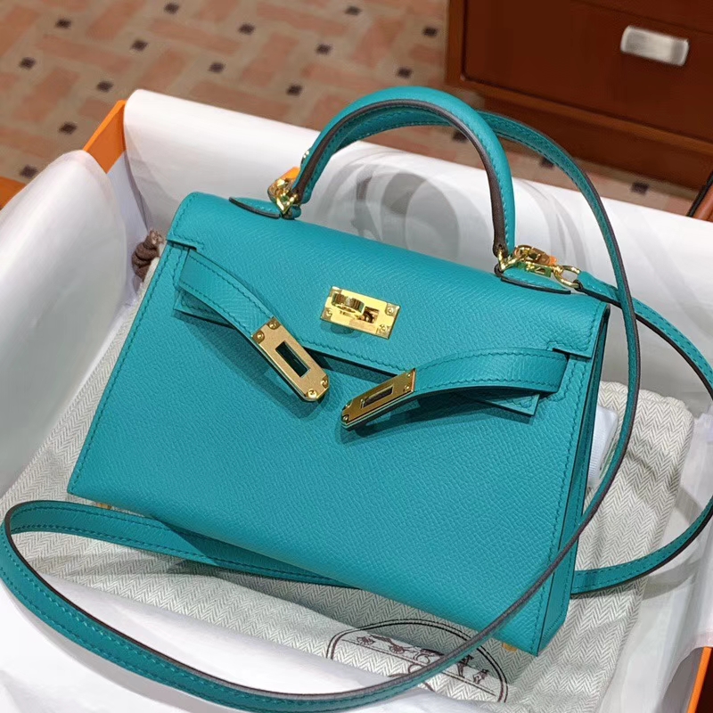 爱马仕 HERMES MiniKelly 2  Epsom 孔雀蓝 配原版正品全套包装 金银扣可定制