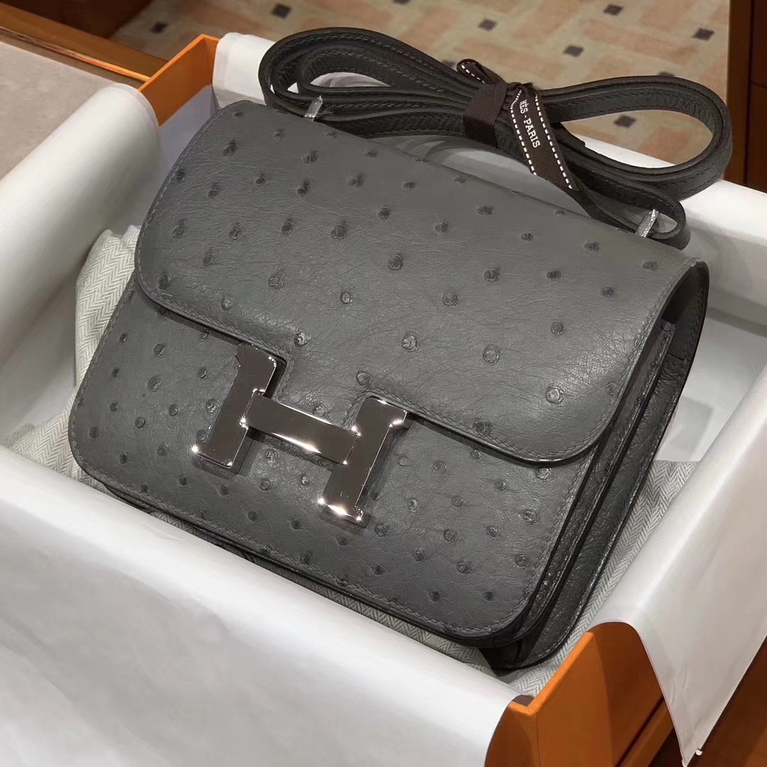 HERMES Constance 19CM 24CM 鸵鸟皮 现货 锡器灰
