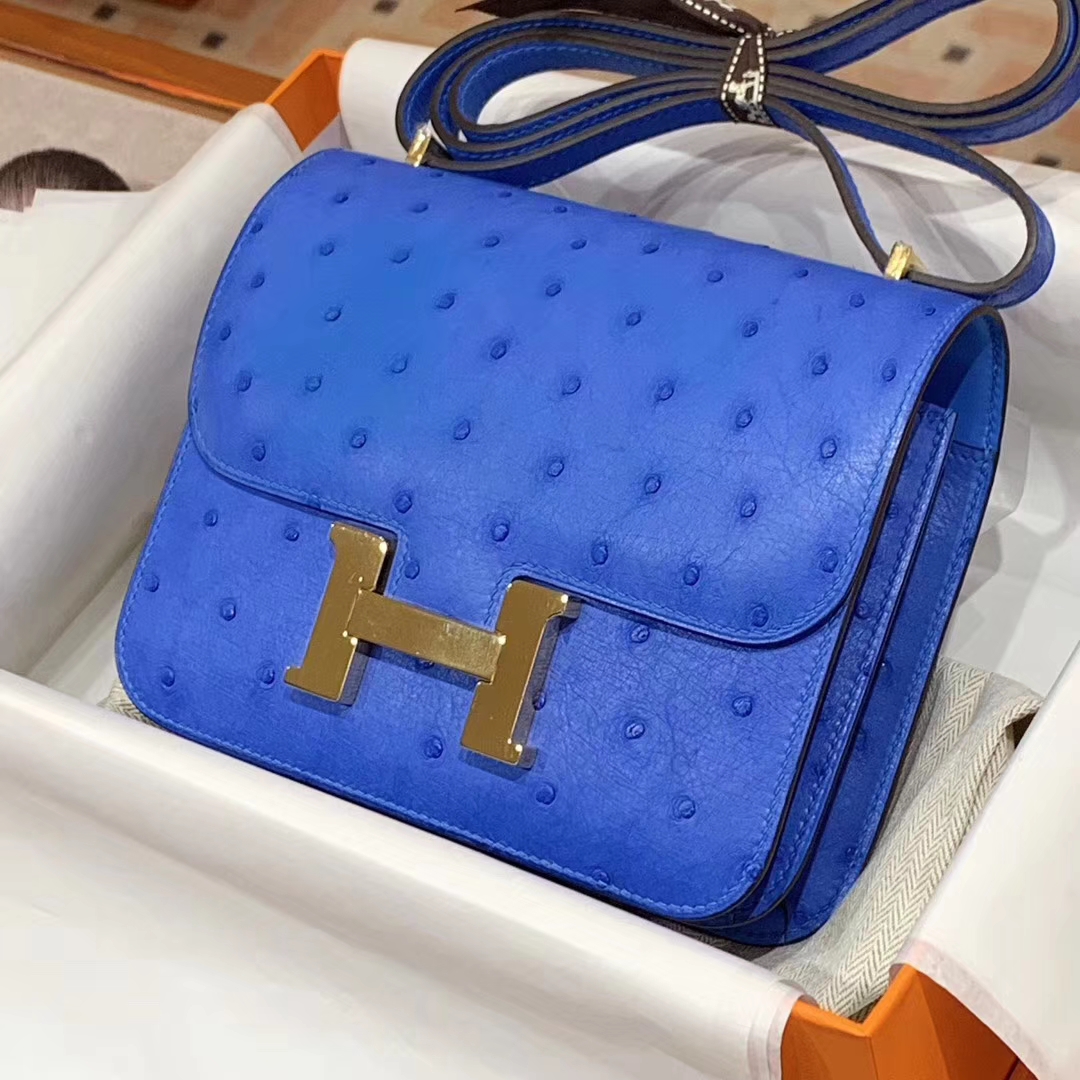 HERMES Constance 19CM 24CM 鸵鸟皮 现货 电光蓝