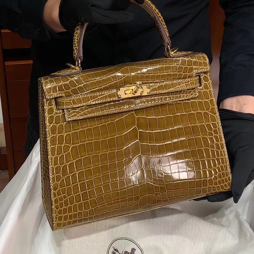 HERMES 爱马仕 凯莉包 Kelly 原厂鳄鱼 纯手工 丛林绿 金扣 配专柜全套包装