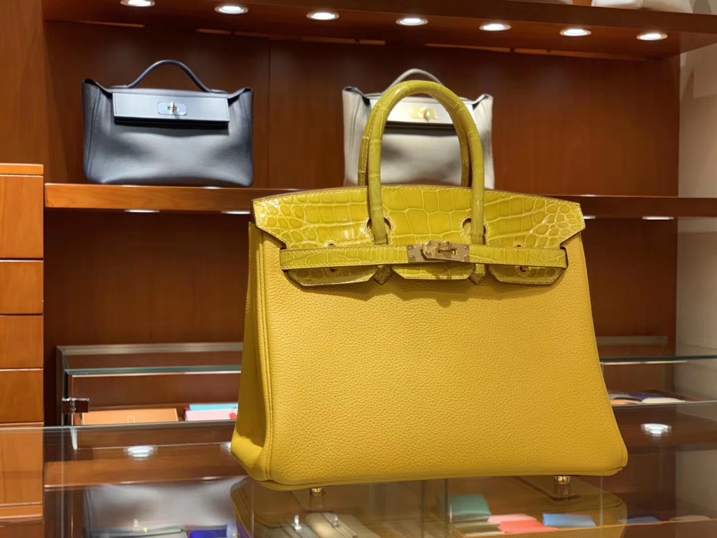 HERMES 爱马仕 Birkin 铂金包 Togo/Croco 拼鳄鱼 琥珀黄 完美的搭配