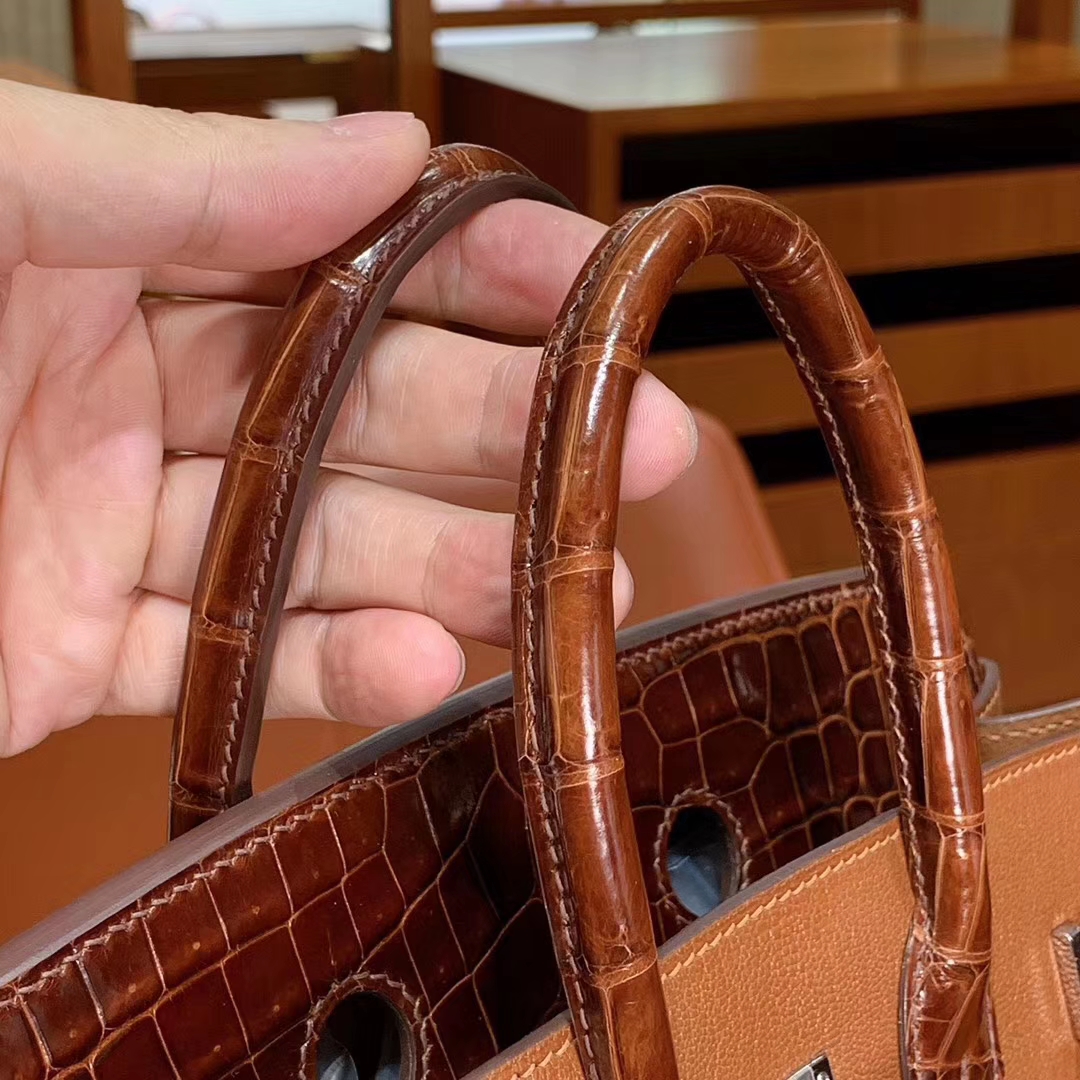 HERMES 爱马仕 Birkin 25/30 Togo 拼鳄鱼皮 金棕色 配专柜全套包装