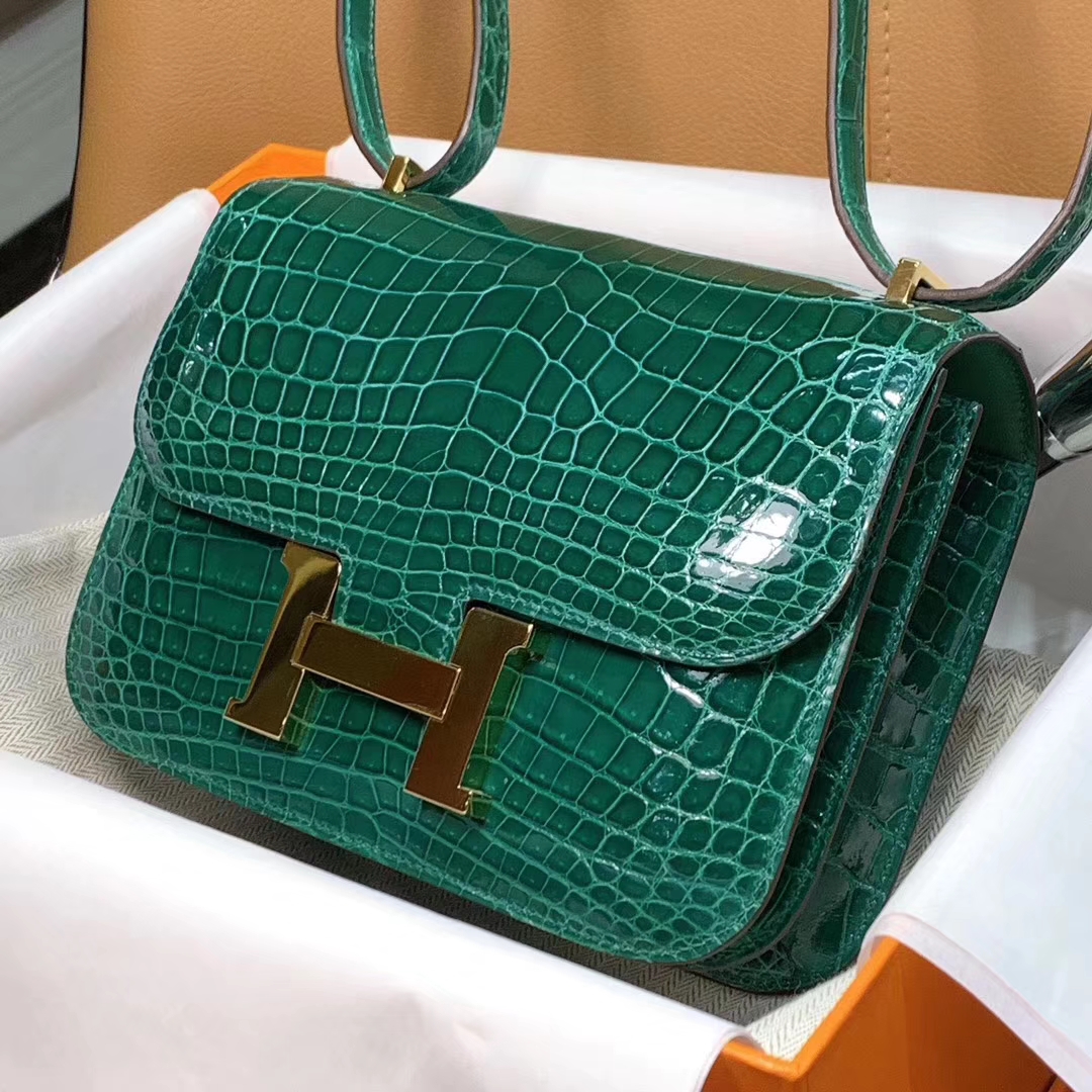 爱马仕 HERMES 空姐包 Constanc 19/23cm 祖母绿 鳄鱼皮 配全套专柜原包装