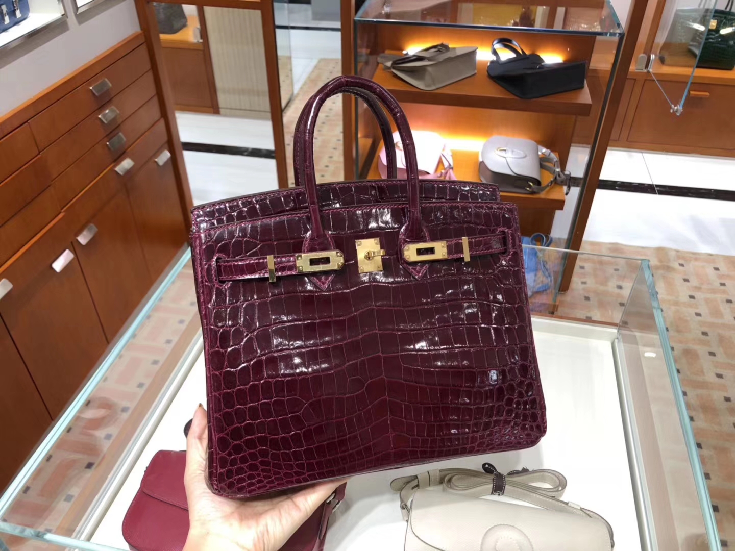 爱马仕 HERMES Birkin 25/30  鳄鱼皮  波尔多酒红 全套包装发货
