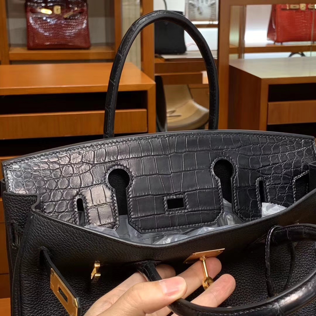 HERMES 爱马仕 Birkin 25/30 Togo 拼鳄鱼皮 黑色 配专柜全套包装