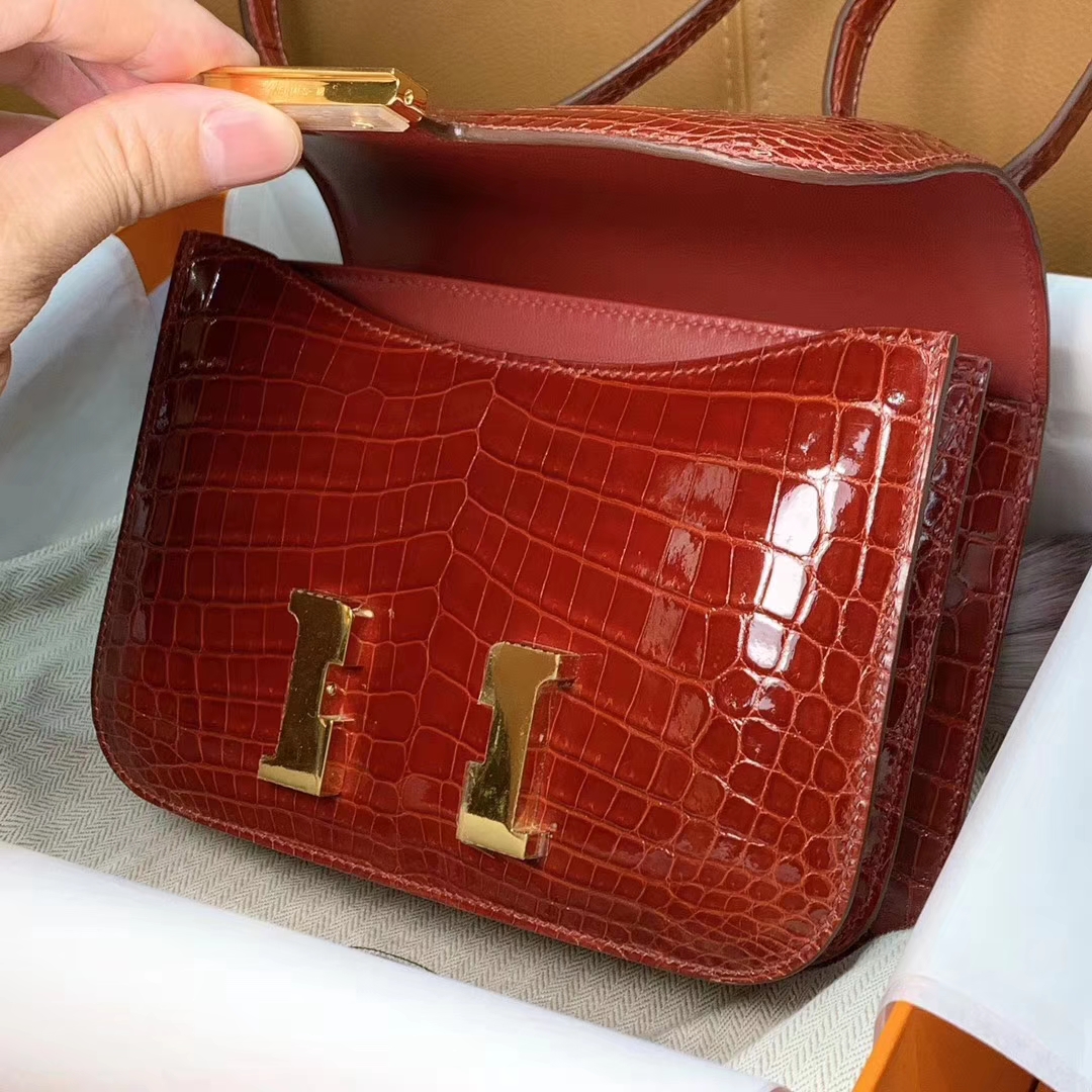 爱马仕 HERMES 空姐包 Constanc 19/23cm 波尔多酒红 鳄鱼皮 配全套专柜原包装