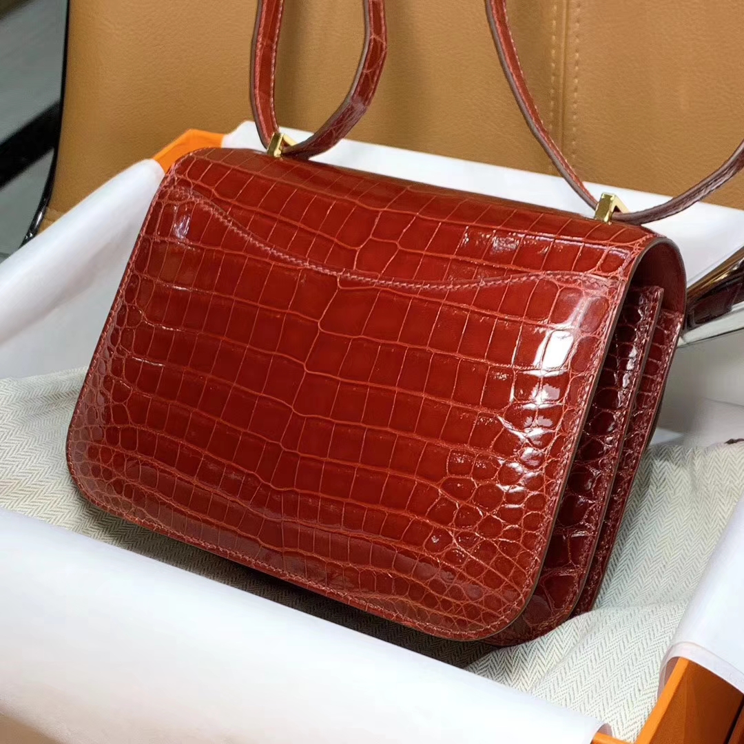 爱马仕 HERMES 空姐包 Constanc 19/23cm 波尔多酒红 鳄鱼皮 配全套专柜原包装