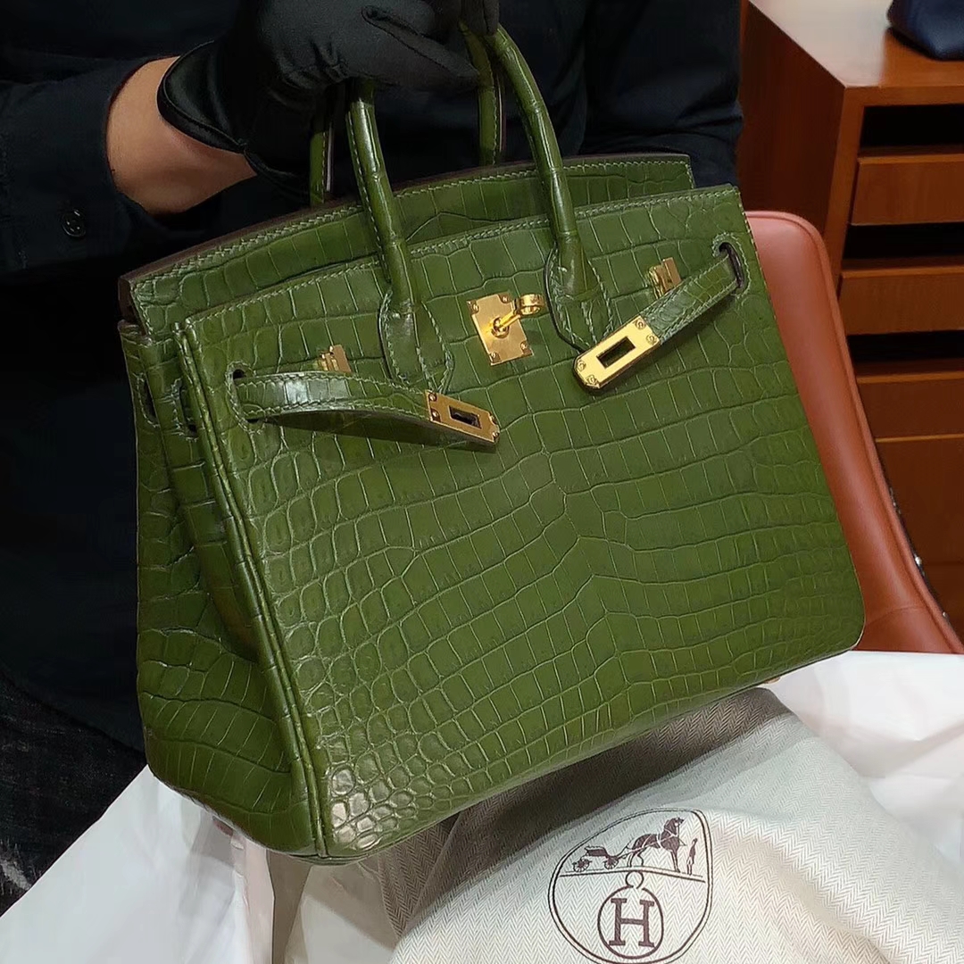 HERMES 爱马仕 铂金包 Birkin 原厂鳄鱼 纯手工 青草绿 金扣 配专柜全套包装