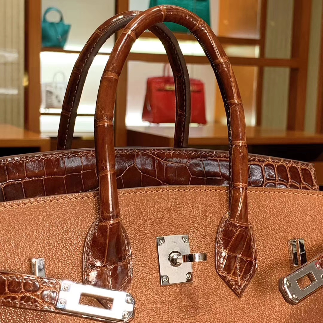 HERMES 爱马仕 Birkin 25/30 Togo 拼鳄鱼皮 金棕色 配专柜全套包装