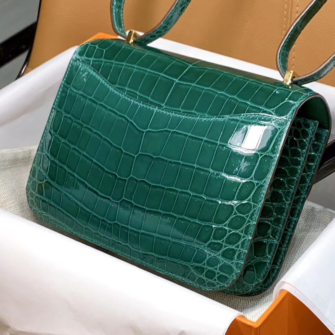 爱马仕 HERMES 空姐包 Constanc 19/23cm 祖母绿 鳄鱼皮 配全套专柜原包装