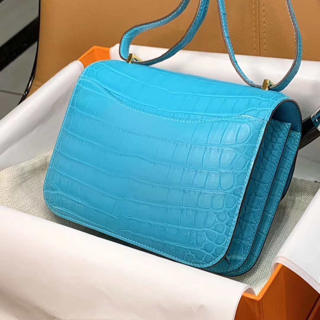 爱马仕 HERMES 空姐包 Constanc 19/23cm 蓝色 鳄鱼皮 配全套专柜原包装
