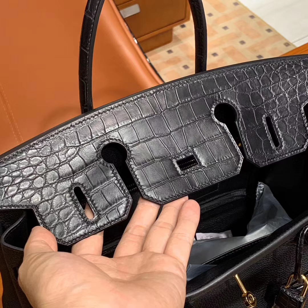 HERMES 爱马仕 Birkin 25/30 Togo 拼鳄鱼皮 黑色 配专柜全套包装