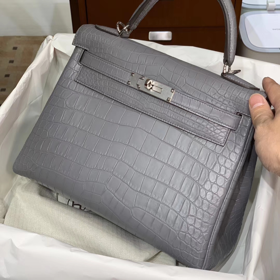 HERMES 爱马仕 原厂鳄鱼 纯手工 灰色 配专柜全套包装