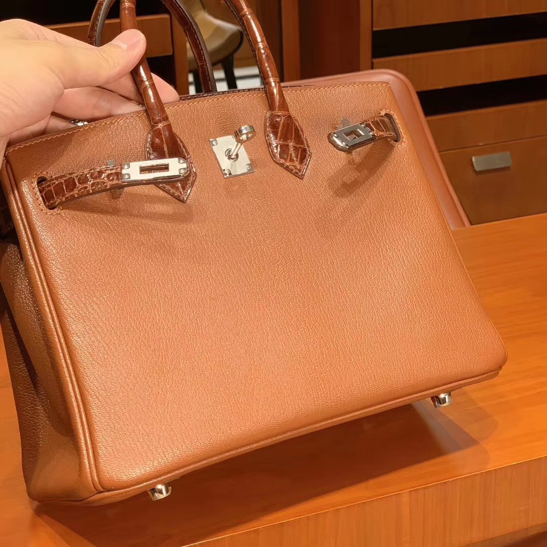 HERMES 爱马仕 Birkin 25/30 Togo 拼鳄鱼皮 金棕色 配专柜全套包装